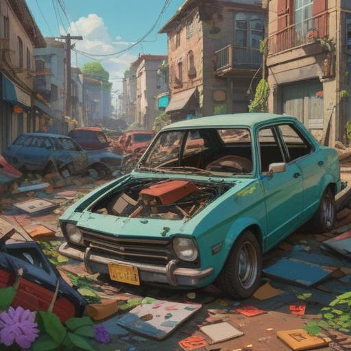 A car accident scene showing a lucky item amidst the wreckage, a shattered vehicle with visible damage, a four-leaf clover lying on the ground, sunlight breaking through clouds, conveying a sense of hope and positivity, detailed environment with scattered debris, emotional undertones, 4k