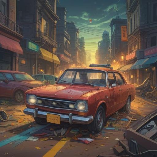 A surreal scene depicting a car crash, ethereal light illuminating the surrounding area, symbolic elements representing spirituality and protection, vibrant colors reflecting emotions, abstract shapes suggesting hidden meanings, a sense of awakening and transformation, dreamlike atmosphere, 4k