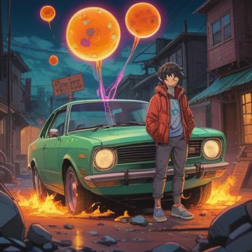 A vibrant illustration of a cheerful character standing next to a damaged car, surrounded by glowing energy orbs, colorful power-up items floating in the air, a sunny and uplifting atmosphere, expressive facial features reflecting determination, joyful energy radiating from the scene, detailed urban background, 4k