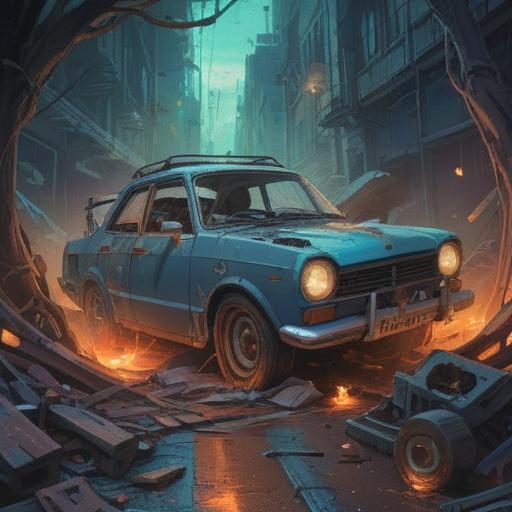 A surreal illustration of a car crash, ethereal light surrounding the wreckage, symbolism of transformation and rebirth, shadowy figures representing the spirit world, contrasting dark and bright colors, abstract representation of emotions, mystical elements intertwining with the scene, deep meaning behind chaos, 4k