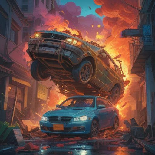 A surreal illustration of a car crash, vibrant colors, ethereal light emanating from the impact, symbolic elements representing spiritual awakening, nature surrounding the scene, contrasting emotions of chaos and tranquility, abstract shapes conveying transformation, 4k