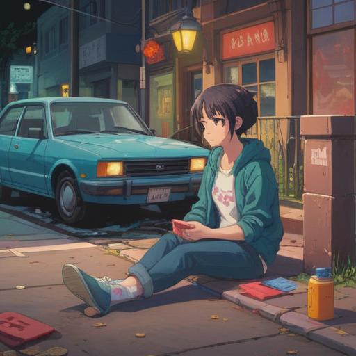 A serene moment of reflection after a car accident, a calm person sitting on a curb, eyes closed, taking deep breaths, soothing nature background with gentle sunlight filtering through trees, feelings of tranquility and healing, soft focus, emotional depth, 4k