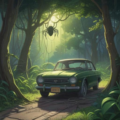 A serene landscape featuring a car covered in intricate spider webs, symbolizing spiritual transformation, lush green surroundings, gentle sunlight filtering through trees, ethereal atmosphere, the sense of stillness and introspection, 4k