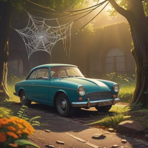 A serene and mystical scene, an old car covered in a delicate spider web, sunlight filtering through the web, symbolizing spiritual protection and good fortune, nature surrounding the car, lush greenery, a tranquil atmosphere, soft and inviting colors, 4k