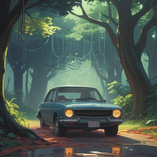 A serene outdoor scene featuring a car covered in intricate spider webs, soft morning light filtering through the trees, a sense of caution and awareness, symbolic representation of spiritual signs, nature's messages, ethereal atmosphere, vibrant colors, 4k