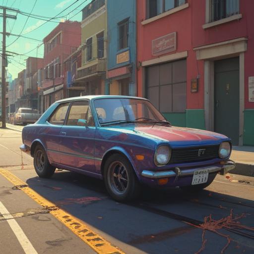 A car with a spider web on its windshield, sunlight glinting off the web, a sense of serendipity in the air, various lucky charms around the car, vibrant colors, urban setting, detailed textures, whimsical elements, 4k