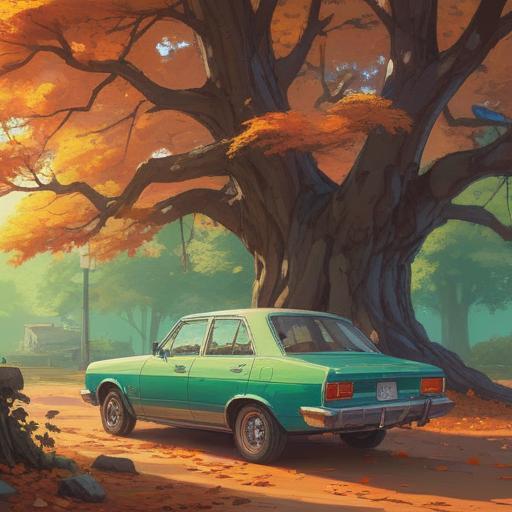 A serene and contemplative scene depicting a car parked under a tree, soft sunlight filtering through leaves, a bird perched on a branch above, a fresh bird droppings on the windshield, symbolic elements representing spirituality, reflection on life and change, subtle color palette, sense of calm and introspection, 4k