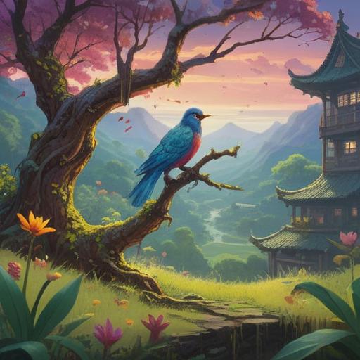 A serene landscape featuring a bird perched on a branch, its droppings adorning the ground, symbolizing spiritual blessings and good fortune, vibrant nature surrounding the scene, sunlight filtering through the leaves, peaceful atmosphere, a sense of tranquility and positive energy, 4k