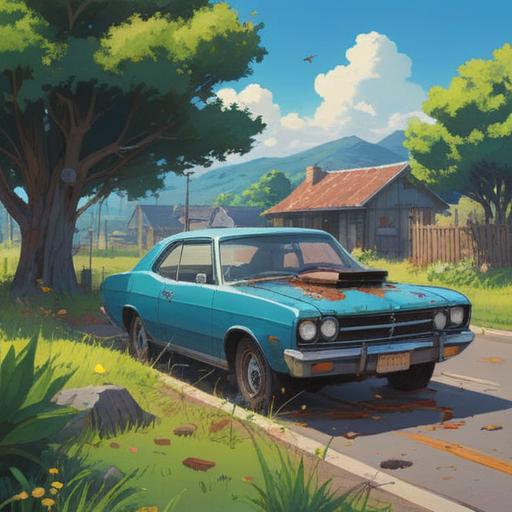 A serene outdoor scene, a parked car with bird droppings on the windshield, a clear blue sky, hints of nature in the background, subtle symbolism of spiritual messages, carefully placed feathers nearby, a moment of reflection, 4k