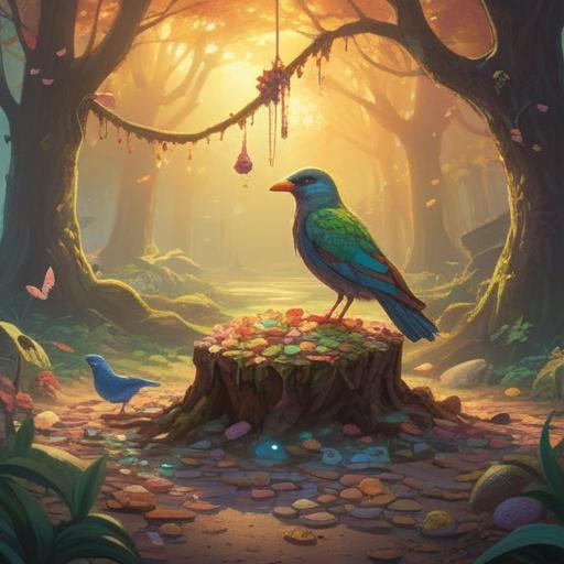 A whimsical scene featuring a variety of lucky charms scattered on the ground, with a large bird perched above, soft sunlight illuminating the area, vibrant colors, playful composition, the charm symbols include a four-leaf clover, a horseshoe, and a lucky coin, surrounded by lush greenery and flowers, tranquil atmosphere, detail-oriented depiction, 4k