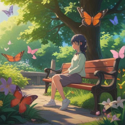 A serene moment capturing a person sitting on a park bench, surrounded by blooming flowers and gentle sunlight, a butterfly landing nearby, a child playing with a dog in the background, warm smiles exchanged with passing strangers, soft focus on the subject, conveying joy and discovery, 4k