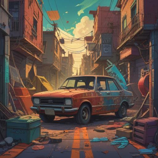 A symbolic representation of a car breakdown, mystical energy emanating from the vehicle, vibrant colors, abstract patterns surrounding the car, person in meditation reflecting on life lessons, nature in the background, open road suggesting new beginnings, spiritual awakening themes, 4k