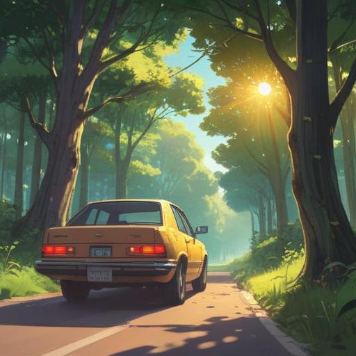 A serene scene depicting a car breakdown on a peaceful country road, sunlight filtering through trees, a person meditating next to the car, positive energy flowing around, symbolic representation of spiritual awakening, bright colors, nature's harmony, inspirational vibe, 4k