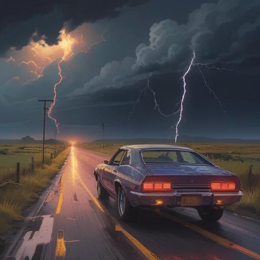 A mystical scene depicting a car breaking down on a deserted road, ominous storm clouds gathering overhead, glowing symbols around the car representing spiritual signs, a figure standing beside the vehicle looking contemplative, ethereal light illuminating the surroundings, sense of unease and awareness, vibrant details in the landscape, rich textures, 4k