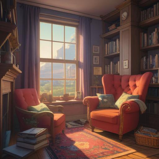 A tranquil scene featuring a cozy reading nook, soft sunlight filtering through a window, a comfortable armchair with a warm blanket, a steaming cup of herbal tea on a small wooden table, plants providing a touch of greenery, calming colors, inviting atmosphere, gentle shadows, 4k