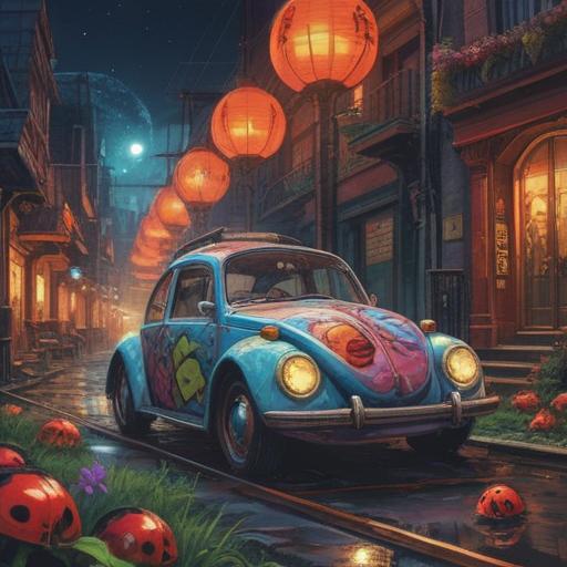 A surreal illustration of a vibrant car with a ladybug motif, symbolizing transformation and good luck, set against a cosmic background filled with stars and galaxies, gentle light illuminating the scene, a sense of harmony and balance, intricate details on both the car and the ladybug, dreamlike atmosphere, 4k