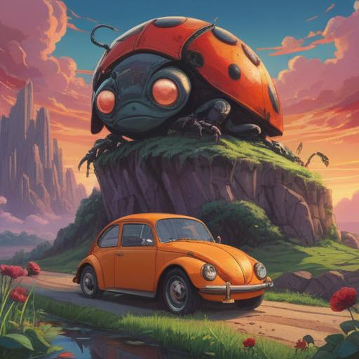 A spiritual illustration of a car and a ladybug in harmony, vibrant colors, surreal landscape, symbolic representations of good omens, the car signifies journey and adventure, the ladybug represents luck and positivity, interconnected nature, peaceful ambiance, enchanting details, 4k