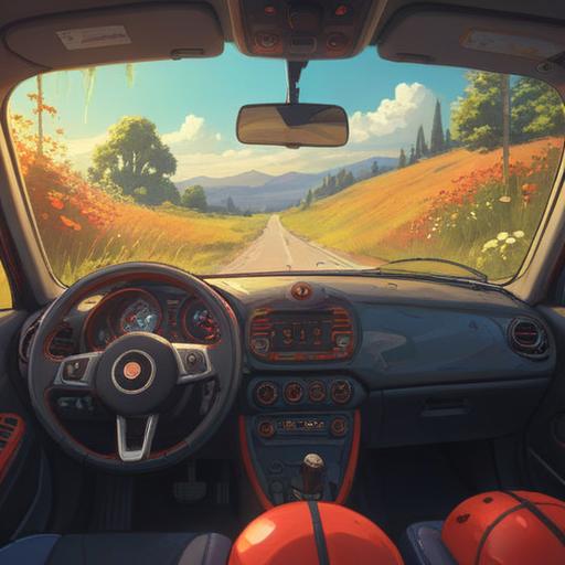 A serene moment inside a car, a vivid ladybug resting on the dashboard, sunlight filtering through the window, symbolic aura surrounding the ladybug, representation of transformation and good luck, calm and reflective atmosphere, gentle colors, 4k