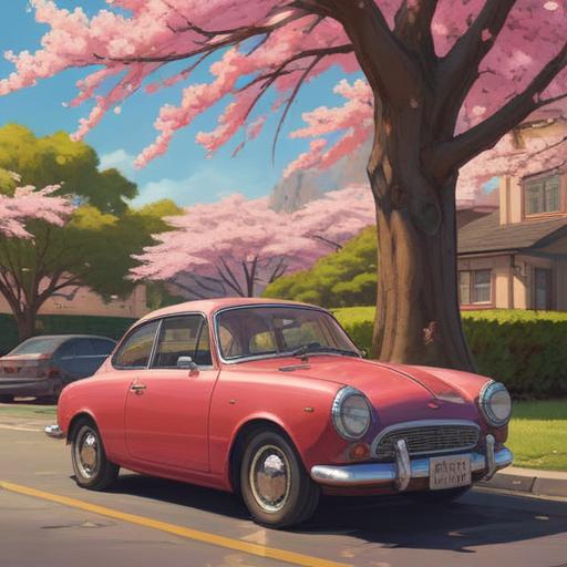 A vibrant illustration of a classic car parked under a blooming cherry blossom tree, with a ladybug perched on the car's hood, symbolizing luck and good fortune, colorful spring scenery, intricate details of the car's design, soft sunlight filtering through the branches, playful and cheerful atmosphere, 4k