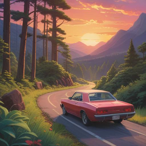 A serene driving scene, ethereal landscape, vibrant sunset, a car cruising down a winding road, surrounded by lush forests, a sense of freedom and tranquility, spiritual vibes, peaceful atmosphere, mindful driving experience, 4k