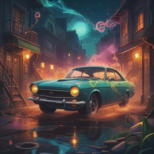 A mystical scene depicting a car with a non-starting engine, surrounded by swirling ethereal energy, symbolism of stagnation and obstacles, a serene landscape in the background, soft glowing light representing hope and renewal, subtle hints of spiritual awakening, ornate details in nature, 4k