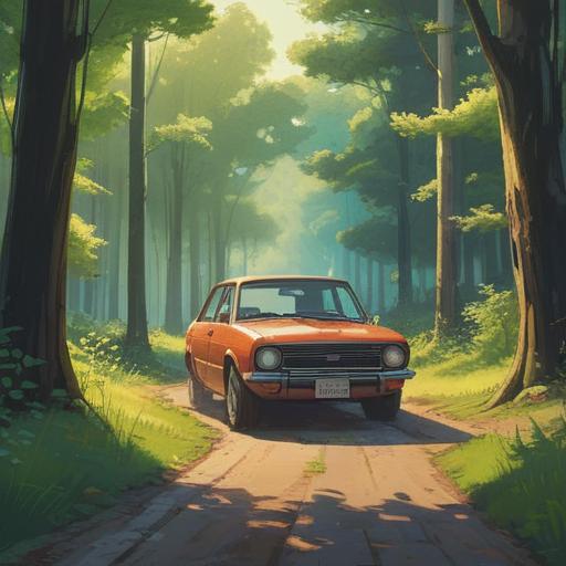 A serene and contemplative scene, a car with a hood open in a peaceful countryside setting, soft sunlight filtering through trees, subtle hints of nature's beauty, a person meditating beside the car, symbols of spiritual awakening in the air, vibrant wildflowers, harmonious colors, a sense of tranquility and reflection, 4k