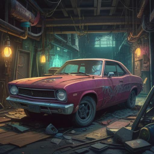 A mystical scene depicting a car with a dead engine, surrounded by ethereal symbols, glowing lights in the air signifying spiritual warnings, a serene landscape in the background, twilight setting, vibrant stars illuminating the sky, an aura of uncertainty, detailed textures on the car showing wear, hints of nature reclaiming the space, 4k