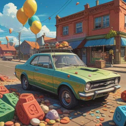A colorful still life composition, a vintage car parked under a bright blue sky, a set of lucky charms placed on the hood, a keychain shaped like a four-leaf clover, a horseshoe hanging from the rearview mirror, an umbrella opened nearby, cinematic lighting, cheerful and hopeful atmosphere, 4k