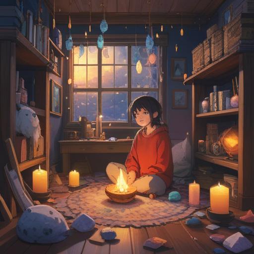 A serene scene of a young person sitting alone in a cozy room, surrounded by colorful healing items like crystals and candles, soft sunlight filtering through the window, a cup of herbal tea steaming on a wooden table, the character looking contemplative yet calm, inviting atmosphere, gentle colors, 4k