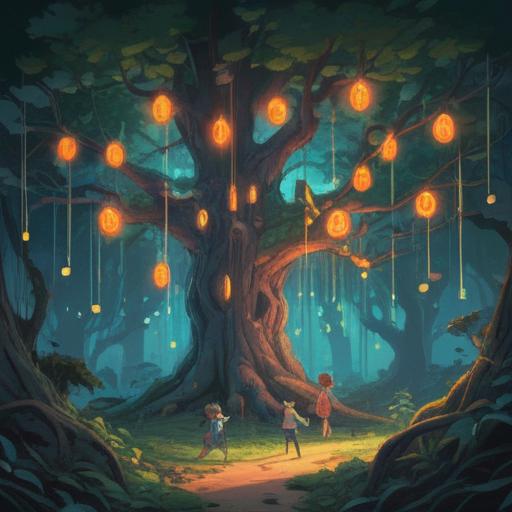A whimsical illustration depicting a magical tree with glowing charms hanging from its branches, soft sunlight filtering through the leaves, children playing around the tree, each child holding a unique charm symbolizing growth and opportunity, vibrant colors, enchanting atmosphere, leaves sparkling with hope, 4k