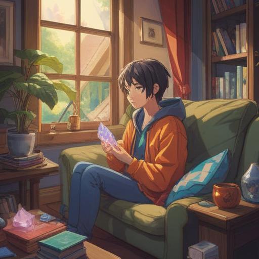 A tranquil indoor scene, a person sitting on a cozy couch, holding a beautiful lucky crystal in their hands, soft natural light filtering through a window, subtle expressions of anxiety and hope on their face, surrounded by calming plants and a warm color palette, gentle shadows creating a serene mood, emphasizing the connection between mental well-being and the crystal's symbolism, 4k