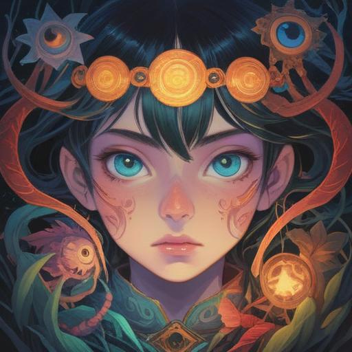 A mystical representation of strabismus, spiritual symbolism, intertwining colors representing harmony and imbalance, ethereal eyes reflecting inner vision, an abstract landscape illustrating dual perspectives, serene atmosphere, intricate details, dreamlike quality, conveying deeper understanding, 4k