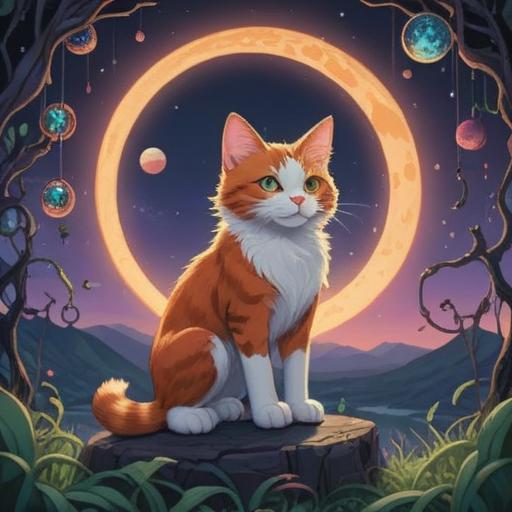 A serene illustration of a stray cat sitting peacefully under a full moon, surrounded by glowing orbs of light, representing spiritual enlightenment, enchanting forest scenery, ethereal atmosphere, subtle light rays filtering through the trees, symbolism of hope and freedom, 4k