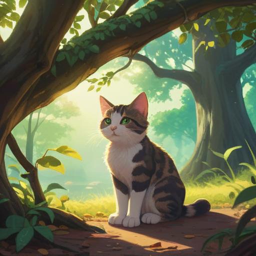 A stray cat sitting peacefully under a tree, sunlight filtering through the leaves, aura of calmness surrounding it, symbolic gestures like raising its paw, vibrant nature all around, inviting warm colors, hint of magic in the air, detailed fur texture, serene facial expression, 4k