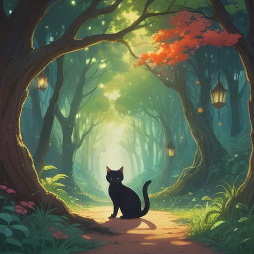 A serendipitous moment of encountering a stray cat, whimsical atmosphere, gentle sunlight filtering through trees, a playful and curious stray cat, a lucky charm nearby, vibrant greenery surrounding, warm and inviting feel, storytelling elements, 4k
