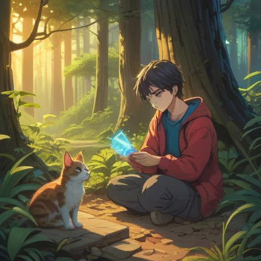 A heartwarming scene of a person discovering a stray cat, gentle sunlight filtering through trees, the person kneeling down with a kind expression, the cat looking curious and cautious, a tranquil park setting, soft green grass, a sense of connection and understanding, detailed fur texture on the cat, emotional warmth, 4k
