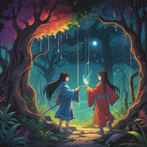 A spiritual scene depicting a mystical encounter between two divine beings, one representing the act of giving and the other symbolizing the act of receiving, surrounded by a serene natural landscape, gentle light illuminating their presence, flowing energy connecting them, ethereal elements such as glowing orbs and soft mist, conveying a sense of harmony and balance, peaceful atmosphere, 4k