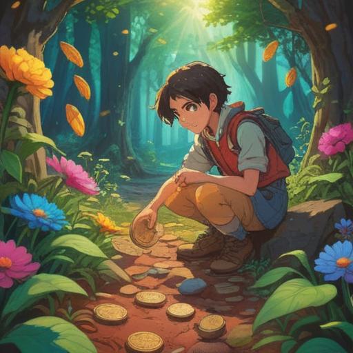 A magical scene depicting a young person discovering a shiny, ancient-looking coin on the ground, surrounded by vibrant flowers, sunlight filtering through trees, a sense of wonder and hope, symbolism of fortune and luck, whimsical atmosphere, detailed textures, 4k
