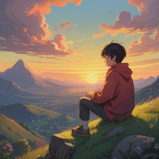 A serene and introspective scene depicting a person sitting on a hillside, gazing at a sunset, surrounded by ethereal light, illustrating the emotional struggle of attachment and release, symbolic elements like floating feathers and glowing orbs, soft colors blending into the sky, peaceful expression, capturing the essence of spiritual connection and reflection, 4k