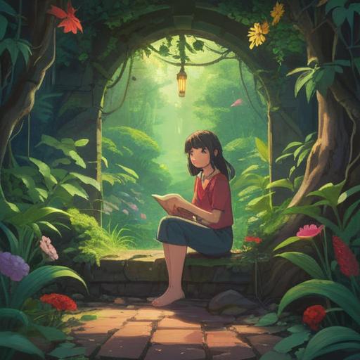 A serene and contemplative scene, a person sitting peacefully in nature, surrounded by lush greenery and vibrant flowers, a gentle light illuminating their face, symbols of growth and transformation in the background, a sense of calm and understanding, heartwarming expression, ethereal atmosphere, spiritual awakening, harmony with nature, 4k