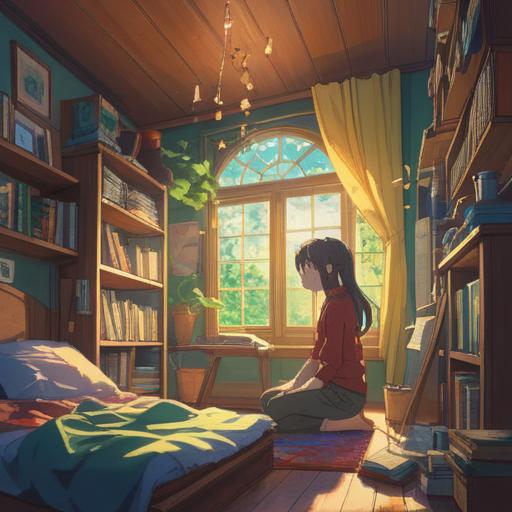 A calming scene depicting a person engaged in emotional decluttering, surrounded by organized, serene space, rays of sunlight filtering through a window, gentle colors, inspirational atmosphere, tools for mindfulness and organization, personal growth, 4k
