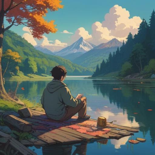 A serene and contemplative scene, a person sitting alone by a tranquil lake, reflecting on the items they have discarded, symbolic treasures scattered around, ethereal light illuminating the objects, a gentle breeze creating ripples on the water's surface, an aura of introspection and spiritual growth, lush greenery surrounding the area, peaceful and reflective mood, 4k