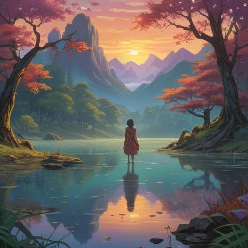 A serene and reflective scene depicting the spiritual meaning of the desire to let go, a figure standing at the edge of a tranquil lake, surrounded by nature, soft glowing light illuminating the surroundings, symbolic elements like falling leaves representing release, a gentle breeze creating ripples on the water’s surface, peaceful and contemplative atmosphere, harmonious color palette, 4k