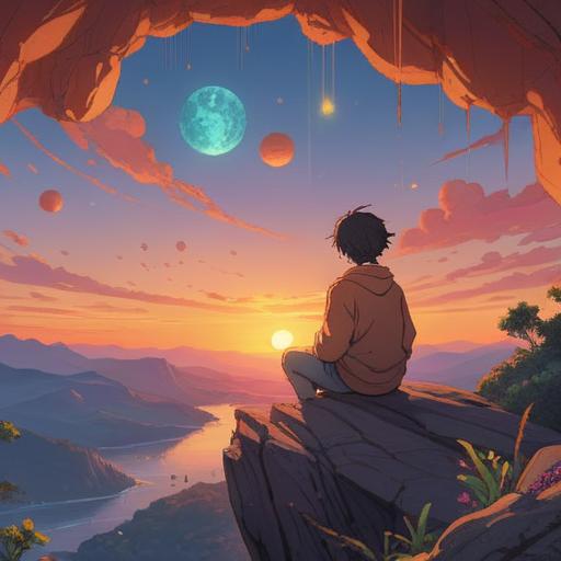 A serene and introspective scene depicting a person sitting on a cliff at sunset, surrounded by soft, glowing orbs symbolizing spiritual release, gentle waves crashing below, warm colors illuminating the sky, a sense of peace and clarity in the atmosphere, reflecting on the emotional weight of letting go, vibrant nature in the background, harmonious balance, 4k