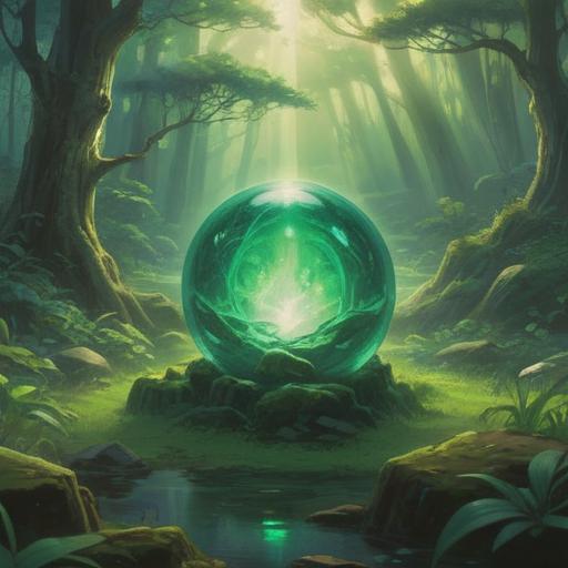 A mystical green orb surrounded by ethereal light, symbolizing spiritual energy and healing, floating above a serene landscape, soft blurred edges, calming atmosphere, intricate details in the foreground, featuring lush greenery and gentle flowing water, a sense of tranquility and enlightenment, 4k