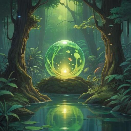 A serene landscape featuring a vibrant green orb emanating a soft glow, surrounded by lush greenery and gentle flowing water, symbols of prosperity and harmony, mystical aura encapsulating the scene, evoking feelings of peace and spirituality, 4k