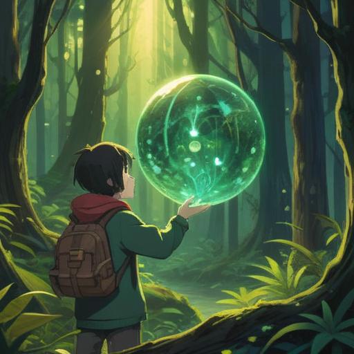 A bright and vibrant illustration of a person discovering a glowing green orb in a lush forest, surrounded by sparkling light effects, the orb symbolizing luck and fortune, expressive facial features showcasing surprise and joy, various lucky items like a four-leaf clover and horseshoe scattered around, warm sunlight filtering through the trees, enchanting atmosphere, 4k