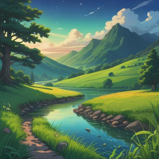 A serene landscape illustration, lush green fields, vibrant light green dots scattered throughout, symbolizing spiritual good signs, gentle flowing river, peaceful atmosphere, trees swaying in the breeze, soft sunlight filtering through clouds, harmonious nature, 4k