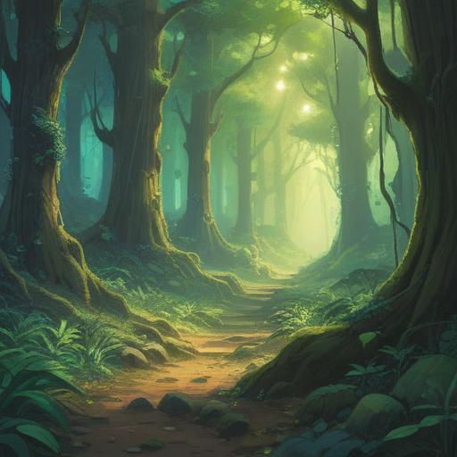 A mystical scene depicting a forest with vibrant green dots floating in the air, soft sunlight filtering through the trees, symbols of spirituality and guidance, ethereal atmosphere, serene expressions on the characters, detailed foliage and light effects, 4k