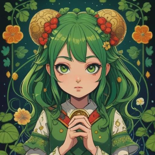 A vibrant illustration of a lucky charm featuring green dots, whimsical design, surrounded by symbols of good fortune like four-leaf clovers and horseshoes, bright colors, enchanting atmosphere, detailed textures, conveying positivity and hope, 4k